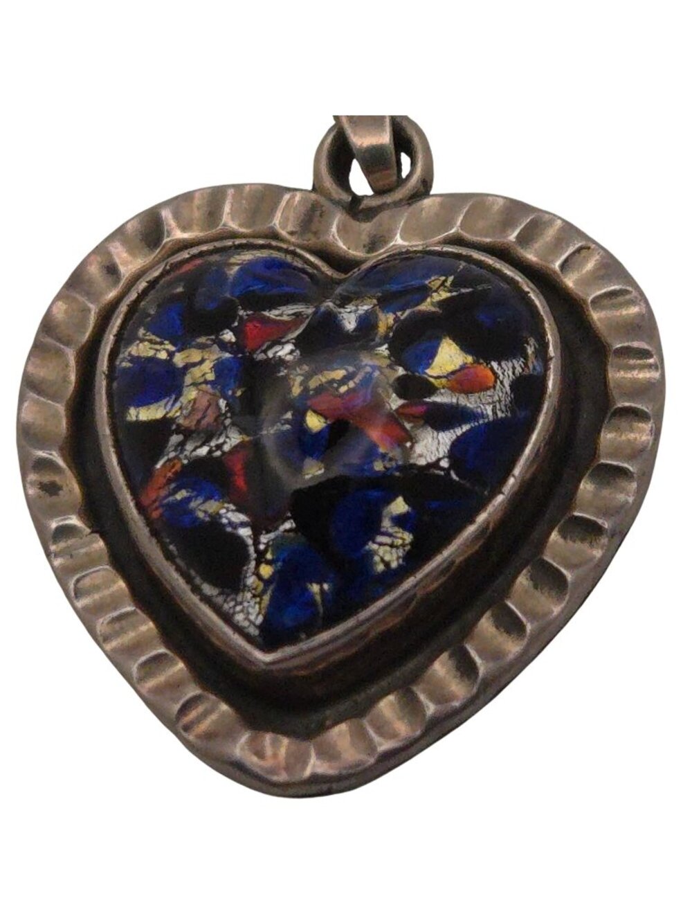 Mexican Mosaic Glass Sterling Silver Heart Pendant Multi-Color Inlay Vintage 1.5
